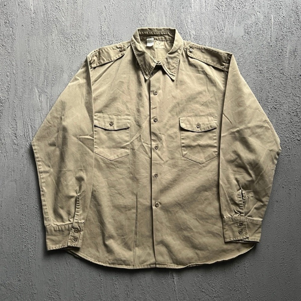 Vintage Military Button Up Shirt Men XXL Khaki 1960s Cotton USA